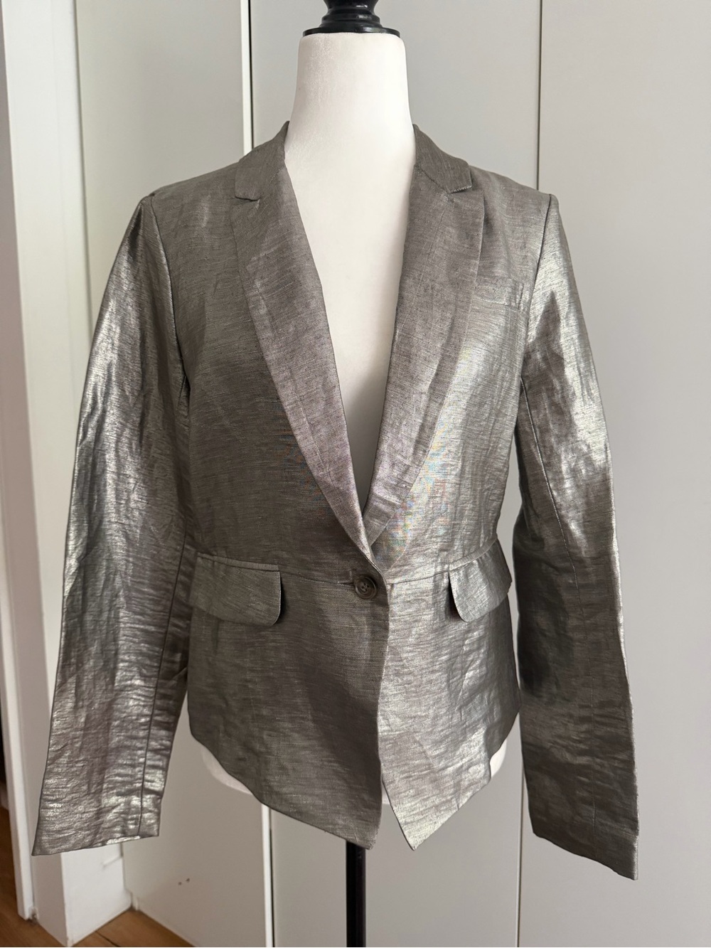 Elizabeth and James Linen Metallic Silver Single-Button Blazer -8